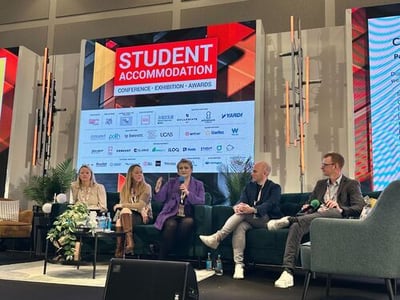 Karen Best from PwC, Tuely Robins from StudentCrowd, Jo Blair from Unite, Stuart Henderson from mys and Paul Humphreys from StudentCrowd on a panel at Property Week 2024.