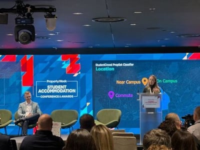 Tuely Robins, Director of Strategic Partnerships at StudentCrowd, delivering a talk at the Property Week Student Accommodation Conference at Wembley Stadium in London, December 2025