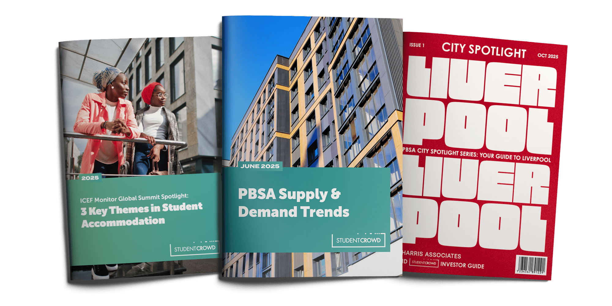 A Graphic of Three StudentCrowd Report Covers: 3 Key Themes in Student Accommodation; PBSA Supply and Demand Trends; Liverpool City Spotlight