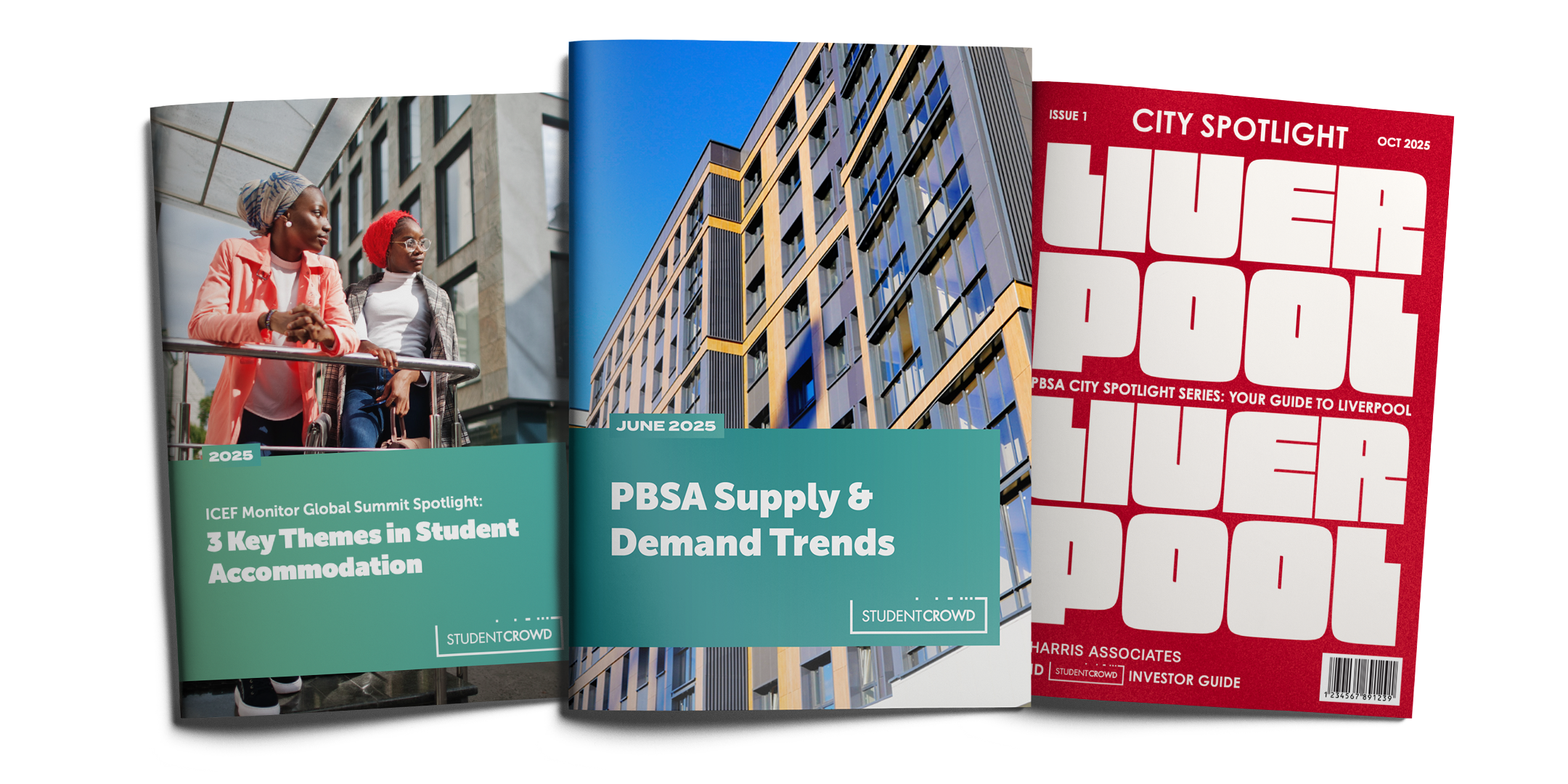A Graphic of Three StudentCrowd Report Covers: 3 Key Themes in Student Accommodation; PBSA Supply and Demand Trends; Liverpool City Spotlight