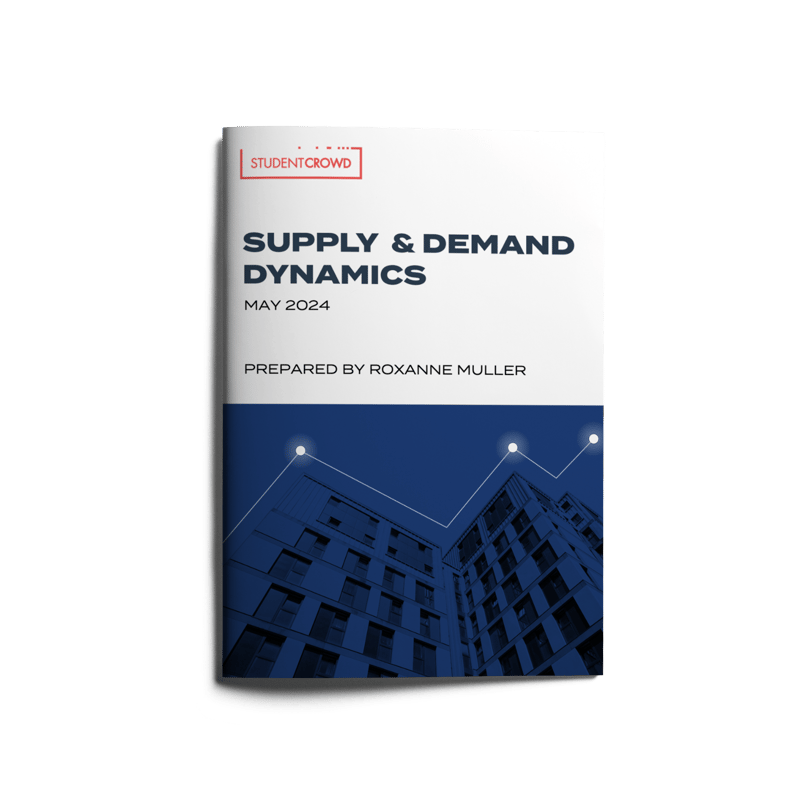Front cover of the May 2024 StudentCrowd Report 'Supply and Demand Dynamics', which features a graphic of a blue PBSA building with data points overhead.