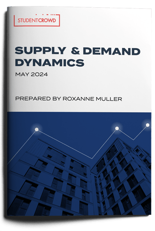 Front cover of the May 2024 StudentCrowd Report 'Supply and Demand Dynamics', which features a graphic of a blue PBSA building with data points overhead.